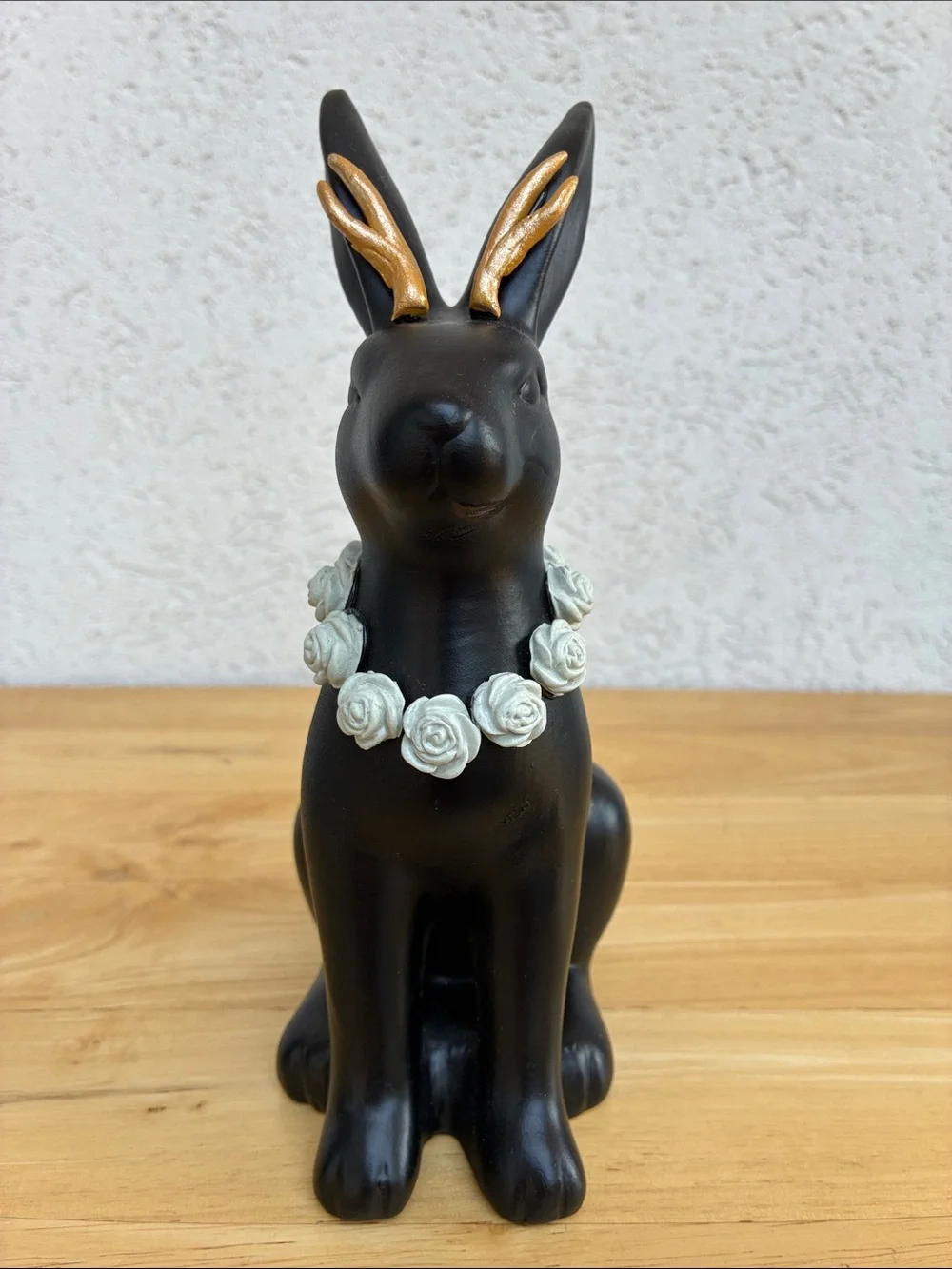 Black ceramic jackalope!  With gold horns snd grey rose necklace!  Bunmy figure